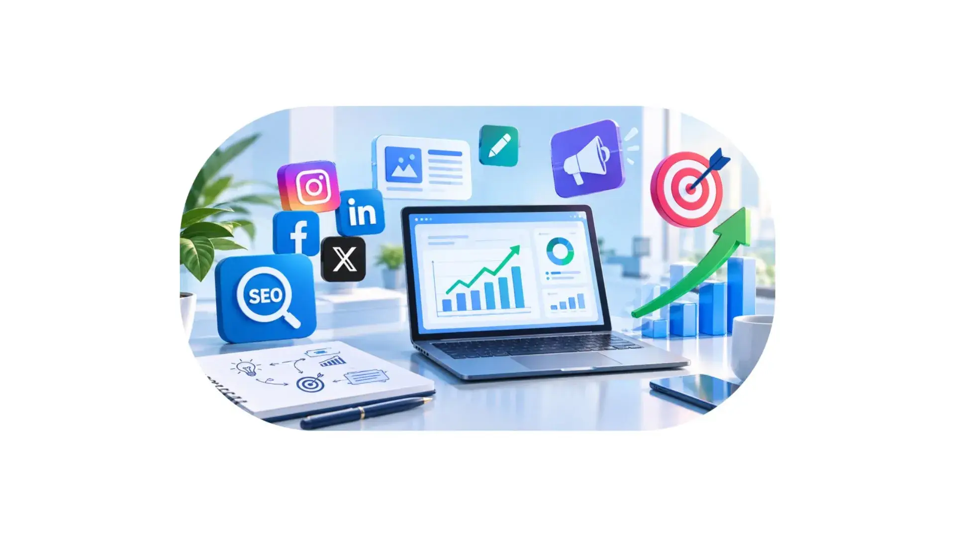 Digital marketing strategy with social media and SEO analytics