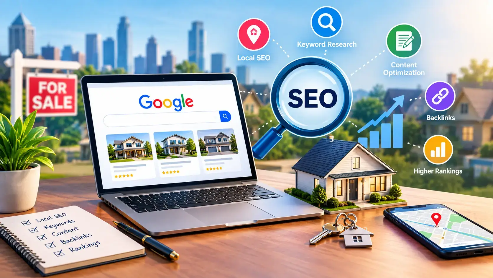 Real estate SEO strategy for agents in 2026 featuring property listings, keyword research, local SEO, content optimization, backlinks, and search rankings.